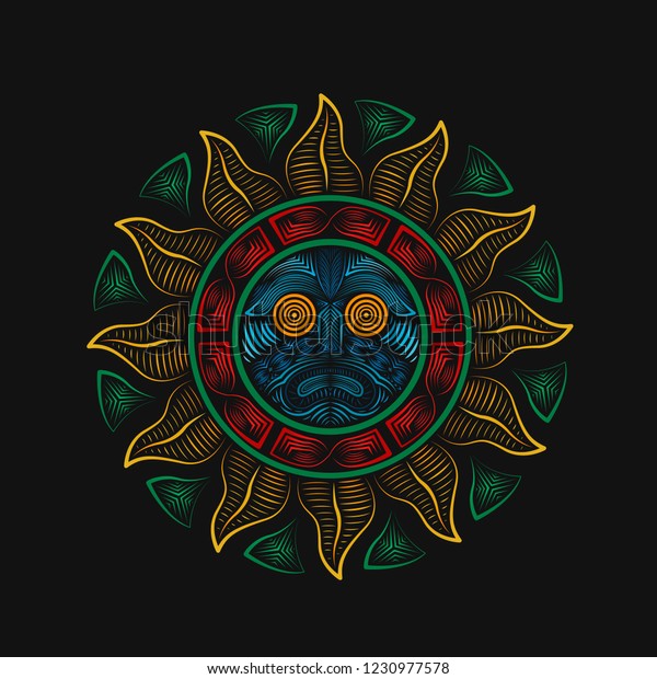 Aztec Sun God Vintage Coorful Line Stock Vector (Royalty Free) 1230977578