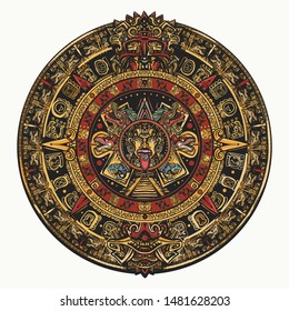 Aztec sun stone. Color tattoo and t-shirt design. Mayan calendar.  Ancient hieroglyph signs and symbols. Mexican mesoamerican monolith. Totem