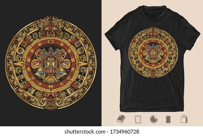 Aztec sun stone. Creative print for dark clothes. T-shirt design. Template for posters, textiles, apparels. Mayan calendar. Ancient hieroglyph signs and symbols. Mexican mesoamerican monolith 