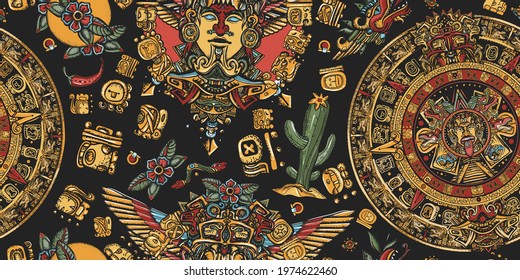 Aztec sun stone, golden totem and mayan glyphs seamless pattern. Ancient Maya Civilization background. Mexican mesoamerican culture 