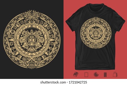 Aztec sun stone. Mayan calendar. Ancient hieroglyph signs and symbols. Mexican mesoamerican monolith. One color creative print for dark clothes. T-shirt design. Template for posters, textiles 