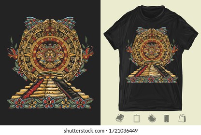 Aztec sun stone and pyramids Chichen Itzá and Kukulkan god (Feathered serpent). Creative print for dark clothes. T-shirt design. Template for posters, textiles, apparels. Mayan calendar 