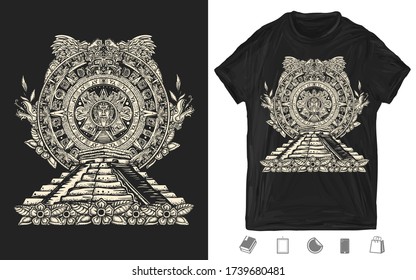 Piedra solar azteca y pirámides Chichen Itzá y dios Kukulkan (serpiente de plumas). Una impresión creativa a color para la ropa oscura. Diseño de camisetas. Plantilla para carteles. Calendario maya y glifos antiguos