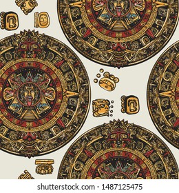 Aztec sun stone seamless pattern. Mayan calendar.  Ancient hieroglyph signs and symbols. Mexican mesoamerican monolith. Totem 