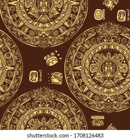 Aztec sun stone seamless pattern. Mayan calendar. Mexican mesoamerican monolith. Totem. Ancient hieroglyph signs and symbols 