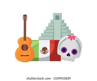 aztec temple with set of icons on white background vector illustration design