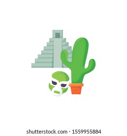 aztec temple with set of icons on white background vector illustration design