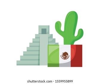 aztec temple with set of icons on white background vector illustration design
