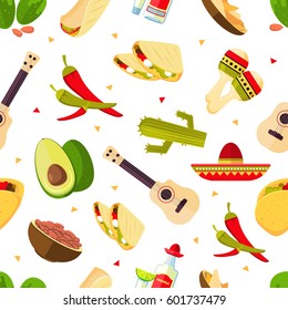 Aztec theme, cartoon mexican food, tequila, red hot chili peppers, sombrero, guitar, tacos, cactus vector seamless pattern