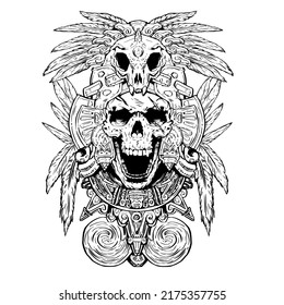 Aztec Totem. Skull And Feathers. Idea For A Tattoo. Vector Linear Illustration.