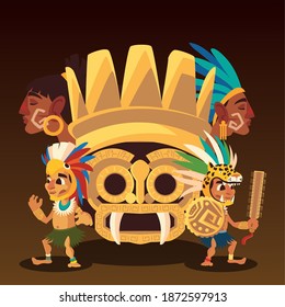 aztec totem warriors with headgear culture traditonal vector illustration