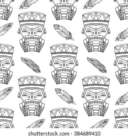 aztec totems with feather,seamless pattern, zen tangle colored book