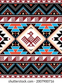 Aztec Triabl geometric seamless vector pattern with bird and traingles - Peruvian rug or carpet style, 8x10 format, Southwestern decor. Retro abstract vibrant background in blue, red, and black 