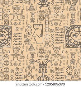 Aztec tribal with african egyptian style seamless pattern vector. Funky native hieroglyphics symbol ancient style ready for print.