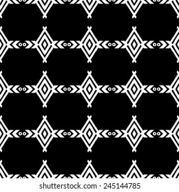 Aztec tribal art seamless pattern in black and white. Ethnic mexican monochrome print. Folk repeating background texture