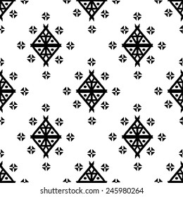 Aztec tribal art seamless pattern in black and white. Ethnic mexican monochrome print. Folk repeating background texture