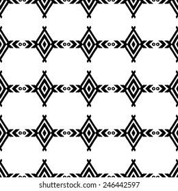 Aztec tribal art seamless pattern in black and white. Ethnic mexican monochrome print. Folk repeating background texture