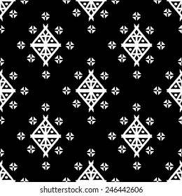 Aztec tribal art seamless pattern in black and white. Ethnic mexican monochrome print. Folk repeating background texture