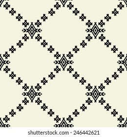 Aztec tribal art seamless pattern in black and white. Ethnic mexican monochrome print. Folk repeating background texture
