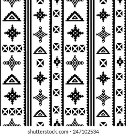 Aztec tribal art seamless pattern in black and white. Ethnic mexican monochrome print. Folk border repeating background texture