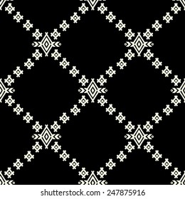 Aztec tribal art seamless pattern in black and white. Ethnic Mexican monochrome print. Folk repeating background texture