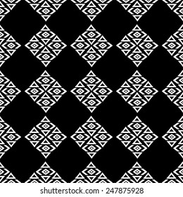 Aztec tribal art seamless pattern in black and white. Ethnic Mexican monochrome print. Folk repeating background texture