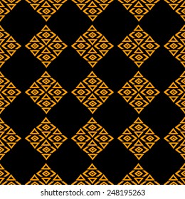 Aztec tribal art seamless pattern in black and gold. Ethnic mexican print. Folk repeating background texture
