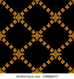 Aztec tribal art seamless pattern in black and gold. Ethnic mexican print. Folk repeating background texture