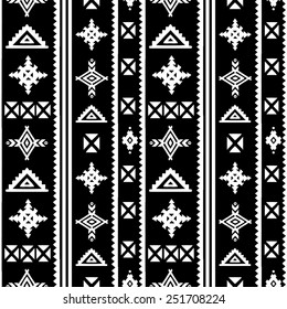 Aztec tribal art seamless pattern in black and white. Ethnic mexican monochrome print. Folk border repeating background texture
