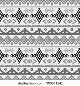 Aztec tribal art seamless pattern in black and white. Ethnic monochrome geometric print. Folk border repeating background texture. Fabric, cloth design, wallpaper, wrapping