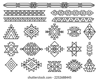 Aztec tribal boho ornaments. Navajo mexico geometric tattoo, ethnics maya symbols. Isolated african motif design, peruvian decent vector elements