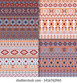 Aztec tribal ethnic motifs geometric patterns set. Geometric tribal motifs clothing fabric textile ethno prints traditional design. South american folk fashion prints.