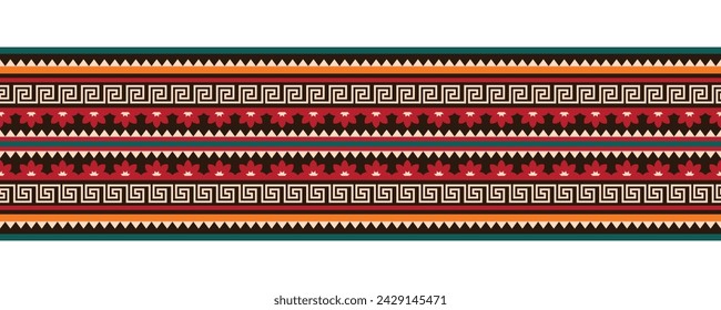 Patrón sin fisuras étnico geométrico tribal azteca. Etnia oriental raya borde adorno vector. Vintage nativo americano africano mexicano. Adorno tradicional. Diseño textil, tela, alfombra, envoltura.