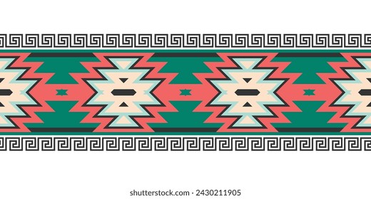 Patrón sin fisuras étnico geométrico tribal azteca. Etnia oriental raya borde adorno vector. Vintage nativo americano africano mexicano. Adorno tradicional. Diseño textil, tela, alfombra, envoltura.