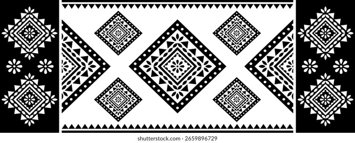 Patrón geométrico tribal azteca flor floral étnica estilo mexicano Diseño tradicional de arte popular Blanco y negro para textiles, tela, alfombra, fondo, moda