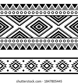 Aztec tribal geometric seamless vector two patterns set, geometric designs in black and white. Ethnic decorative textile or fabric print, monochrome symmetric ornaments 