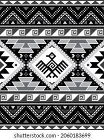 Aztec Tribal Geometric Seamless Vector Pattern With Bird And Triangles - Peruvian Rug Or Carpet Style, 8x10 Format, Southwestern Decor In Black, Gray And White. Retro Abstract Monochrome Background 