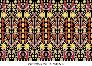 Aztec tribal geometric vector background in black yellow red white Seamless stripe pattern. Traditional ornament ethnic style. Design for textile, fabric, clothing, curtain, rug, ornament, wrapping.