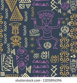 Aztec tribal with aztec maya egyptian style seamless pattern vector. Funky native hieroglyphics symbol ancient style ready for print.