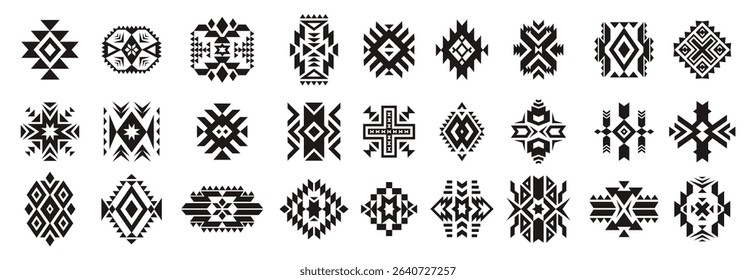 Aztec tribal ornament. Geometric ethnic motif elements of native american culture, ancient Peru tribal traditional decorative art emblems. Vector set. Monochrome navajo or indian symbols