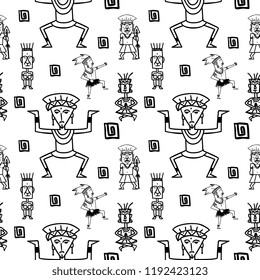 Aztec tribal pattern vector with hand drawn ethnic in black and white colors. Seamless historical mexican maya culture drawing popular this year for fashion textile print and wrapping.