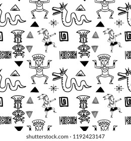 Aztec tribal pattern vector with hand drawn ethnic in black and white colors. Seamless historical mexican maya culture drawing popular this year for fashion textile print and wrapping.