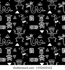 Aztec tribal pattern vector with hand drawn ethnic in black and white colors. Seamless historical mexican maya culture drawing popular this year for fashion textile print and wrapping.
