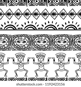 Aztec tribal pattern vector with hand drawn ethnic in black and white colors. Seamless historical mexican maya culture drawing popular this year for fashion textile print and wrapping.