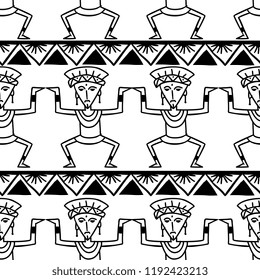 Aztec tribal pattern vector with hand drawn ethnic in black and white colors. Seamless historical mexican maya culture drawing popular this year for fashion textile print and wrapping.