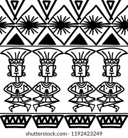Aztec tribal pattern vector with hand drawn ethnic in black and white colors. Seamless historical mexican maya culture drawing popular this year for fashion textile print and wrapping.