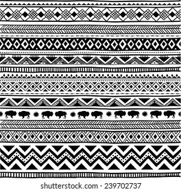 Aztec tribal seamless black and white hand drawn pattern