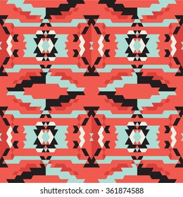 Aztec tribal seamless grunge black and blue pattern on red background. Vector illustration