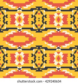 Aztec tribal seamless grunge black and red pattern on yellow background. Vector illustration