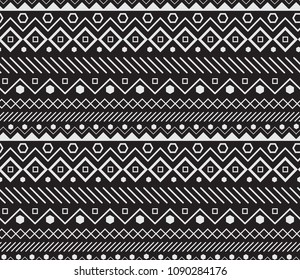Aztec tribal seamless white pattern on black background